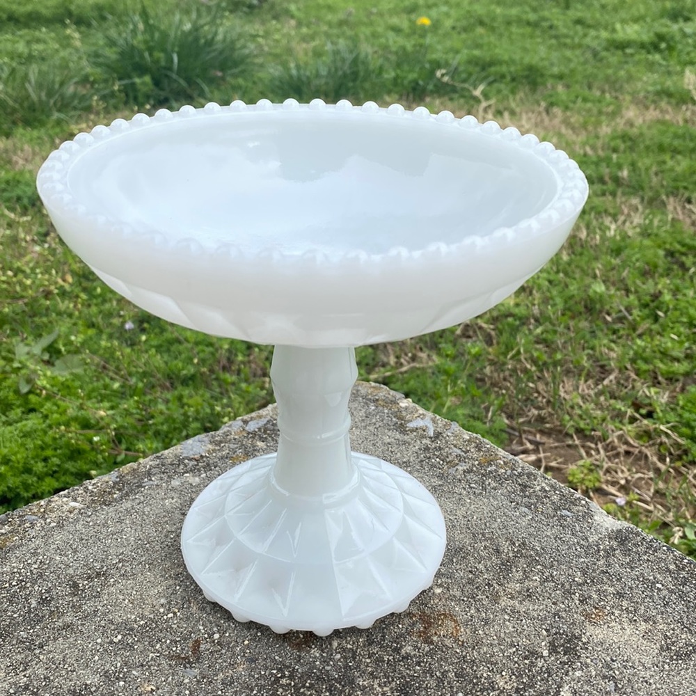 Jeannette glass pedestal stemmed milk glass compote candy dish 1957-1959